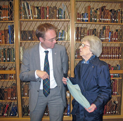 MSP (Member Scottish Parliament) Alastair Allan speaking to Sister Margaret MacDonell in the Celtic Collection at St FX, November 2008